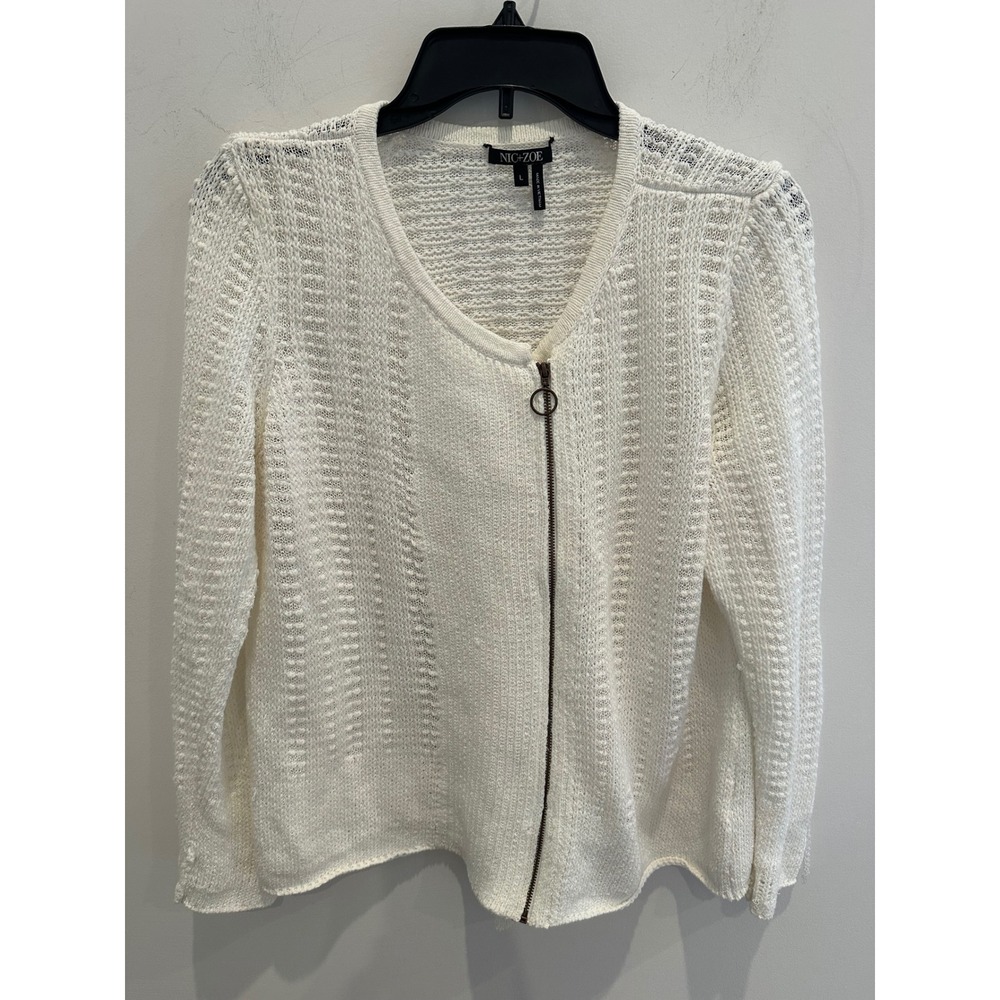 NIC+ZOE Womens White Asymmetrical Zip Textured Dainty Knit Cardigan Sweater L